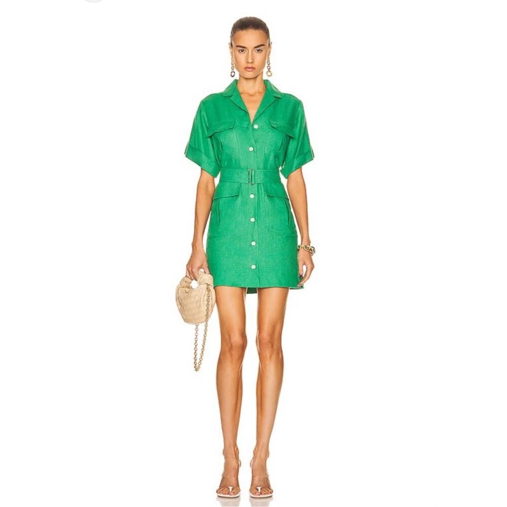 MATTHEW‎ BRUCH Linen Button Front Safari Dress in Kelly Green Belted Women's 4